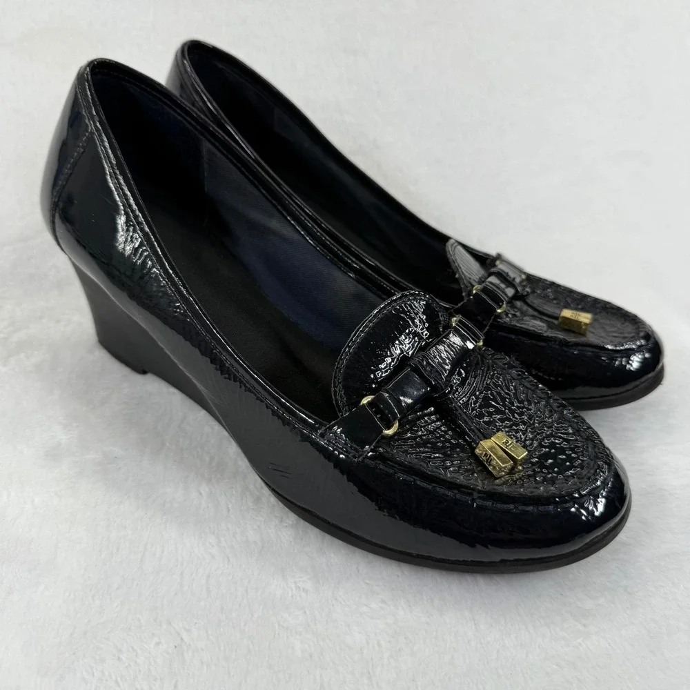 Lauren Ralph Lauren‎ Black Patent Leather Wedge Loafers with Gold Accents 8 READ